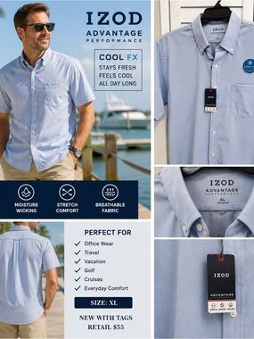 NWT IZOD Advantage Performance Shirt Men’s XL Blue Cool FX Stretch Moisture Wick